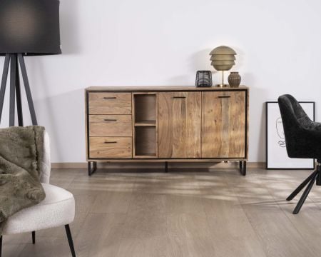 Buffet industriel 160 cm en acacia "Baltik" avec portes, tiroirs et niches