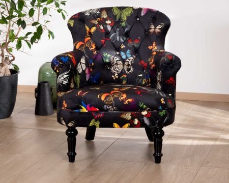 Petit fauteuil fantaisie motifs papillons sur fond noir "Ysalie"