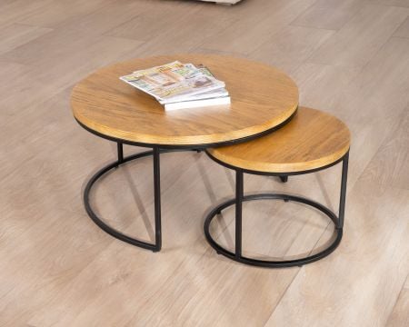 Duo de tables basses gigognes "Calypso" en métal et plateaux en bois