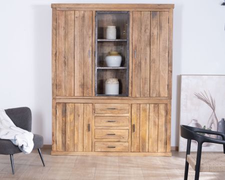 Vaisselier contemporain 180 cm en acacia avec porte centrale vitrée "Presolino"