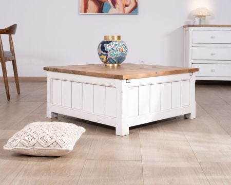 Table basse coffre avec plateau coulissant en acacia "Equinoxe" blanche et plateau naturel