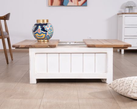 Table basse coffre avec plateau coulissant en acacia "Equinoxe" blanche et plateau naturel