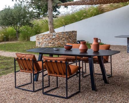 Ensemble repas de jardin table bois et céramique verte 200x100 + 8