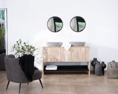 Meuble sous vasque double en bois naturel et noir avec rangements et niche "Nani" 140 cm