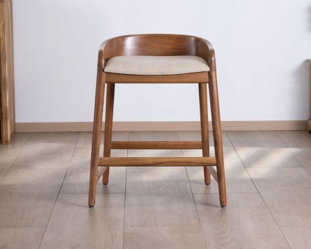 Tabouret mi-hauteur design épuré en acacia et coussin beige "Vogue"