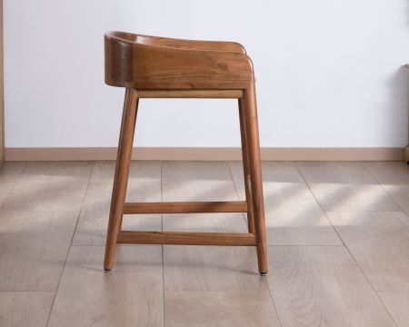 Tabouret mi-hauteur design épuré en acacia et coussin beige "Vogue"