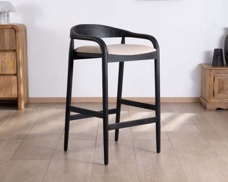 Tabouret de bar noir design avec dosseret bois et assise rembourrée "Vogue"