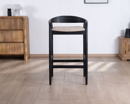 Tabouret de bar noir design avec dosseret bois et assise rembourrée "Vogue"