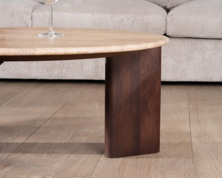 Table de salon ronde en travertin et manguier "Archipel" 90 cm