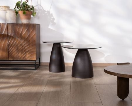 Duo de tables d'appoint en verre et métal "Flow" esprit naturel