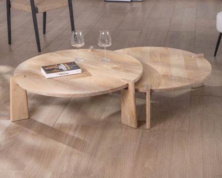 Duo de tables basses rondes en manguier naturel "Loopie"