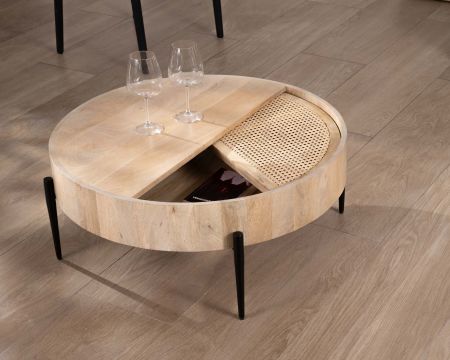 Table basse ronde avec plateau pivotant en cannage "Loopie" diamètre 80 cm