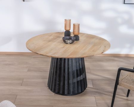 Table de repas ronde 130 cm en manguier bicolore "Twist" pied central à facettes