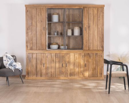 Grand vaisselier contemporain 240 cm en acacia "Presolino" portes vitrées et bois