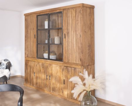 Grand vaisselier contemporain 240 cm en acacia "Presolino" portes vitrées et bois