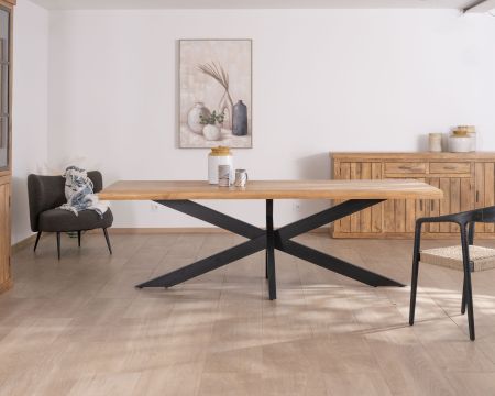 Table de repas 200 cm plateau en acacia bords naturels "Presolino" pieds croix métal