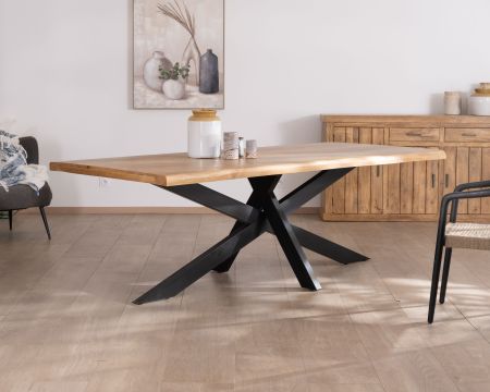 Table de repas 200 cm plateau en acacia bords naturels "Presolino" pieds croix métal