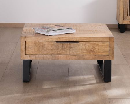 Table basse carrée 80 cm en manguier et pieds métal "Manoha" avec grand tiroir