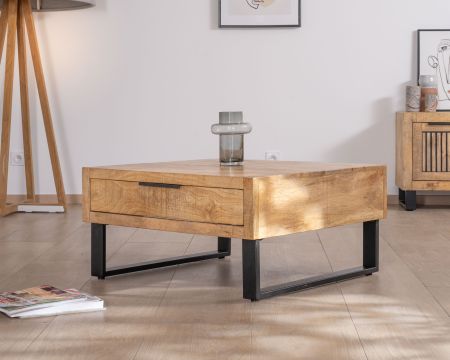 Table basse carrée 80 cm en manguier et pieds métal "Manoha" avec grand tiroir