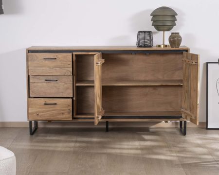 Buffet industriel 160 cm en acacia "Baltik" avec portes, tiroirs et niches