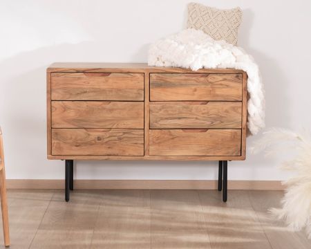 Commode épurée 6 tiroirs en acacia naturel et métal "Alto"