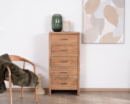 Commode verticale 5 tiroirs "Conoa" en acacia avec façades cannelées