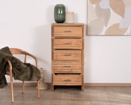 Commode verticale 5 tiroirs "Conoa" en acacia avec façades cannelées