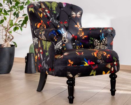 Petit fauteuil fantaisie motifs papillons sur fond noir "Ysalie"