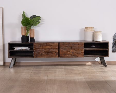 Banc TV en bois recyclé et pieds métal "Crescendo" 200 cm