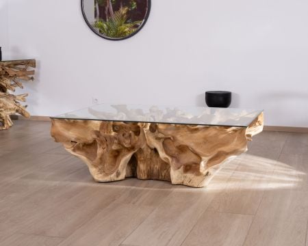 Table basse en racine de teck naturel avec plateau verre rectangulaire "Jungle"