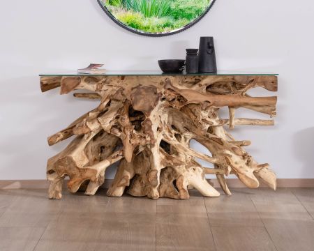 Console en racine de teck naturel avec plateau verre "Jungle"