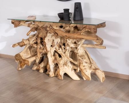 Console en racine de teck naturel avec plateau verre "Jungle"