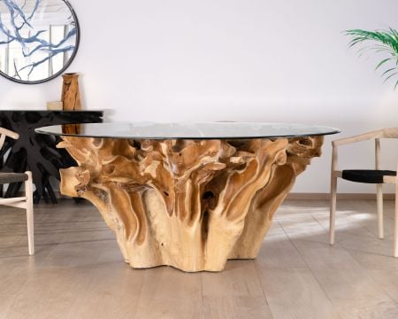 Table de repas ronde en racine de teck naturel avec plateau verre "Jungle"