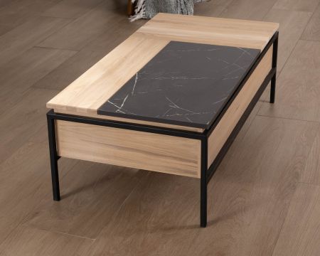 Table basse avec plateau multi-modulaire en chêne blanchi et décor design effet marbre "Storia"