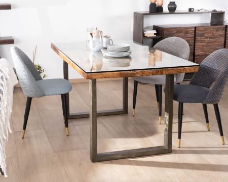 Table de repas design en bois recyclé et pieds métal en U "Crescendo" avec plateau verre
