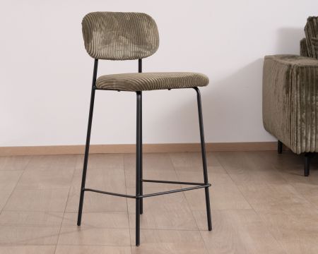 Lot de 4 chaises de bar rétro en velours côtelé kaki et pieds métal noir "Kulmino"