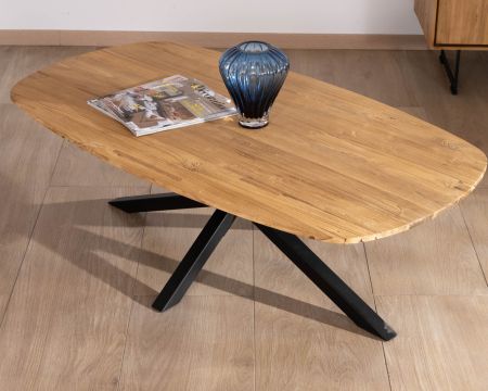 Table basse forme bateau en teck naturel "Bahia" pieds mikado métal