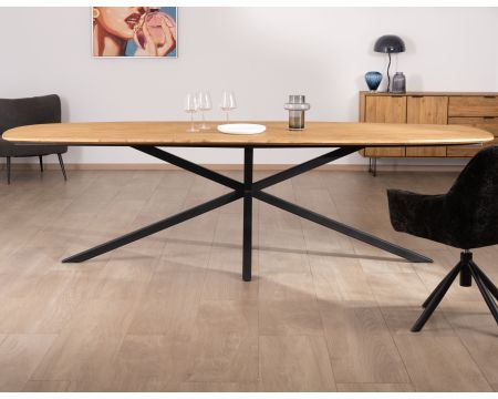 Table à manger XXL 280 cm en teck recyclé et pieds mikado "Bahia" forme bateau