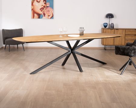 Table à manger XXL 280 cm en teck recyclé et pieds mikado "Bahia" forme bateau