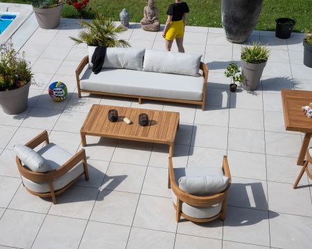 Salon de jardin teck naturel et tissu clair "Orchaise" ensemble canapé 3 places et fauteuils